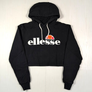 Ellesse Women’s Hoodie Small Black Cropped Pullover Sweatshirt Logo Graphic Top
